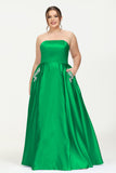 Strapless Satin A Line Princess Dress Rhinestone Ruched Formal Evening Prom Party Dresses