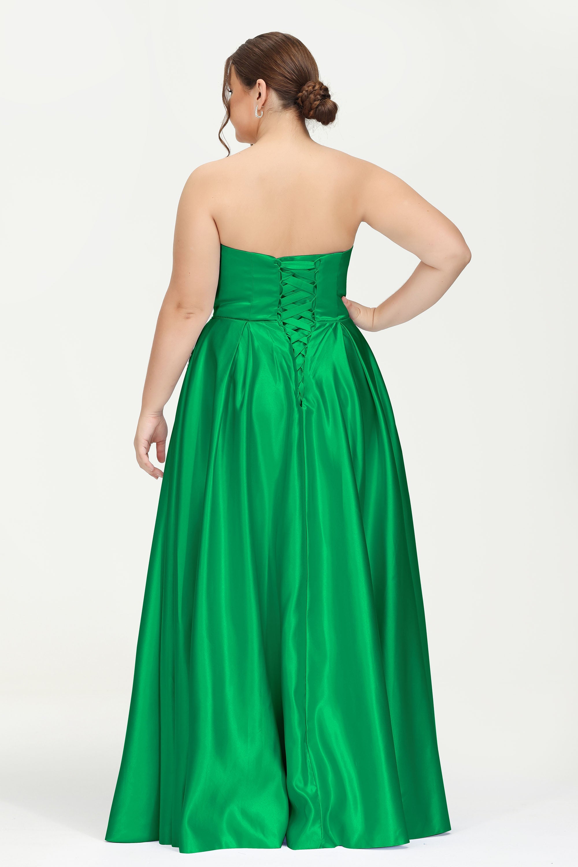 Strapless Satin A Line Princess Dress Rhinestone Ruched Formal Evening Prom Party Dresses