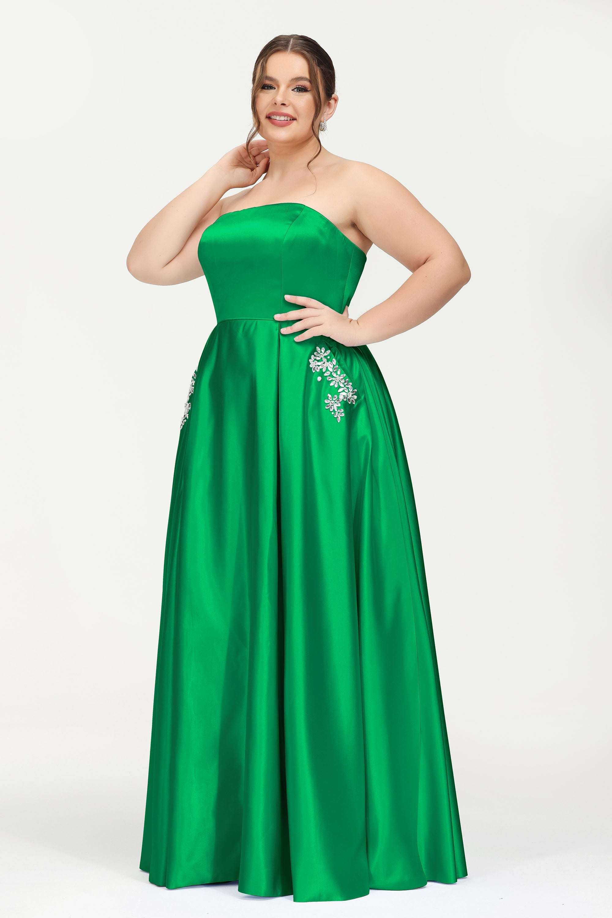 Strapless Satin A Line Princess Dress Rhinestone Ruched Formal Evening Prom Party Dresses