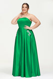 Strapless Satin A Line Princess Dress Rhinestone Ruched Formal Evening Prom Party Dresses