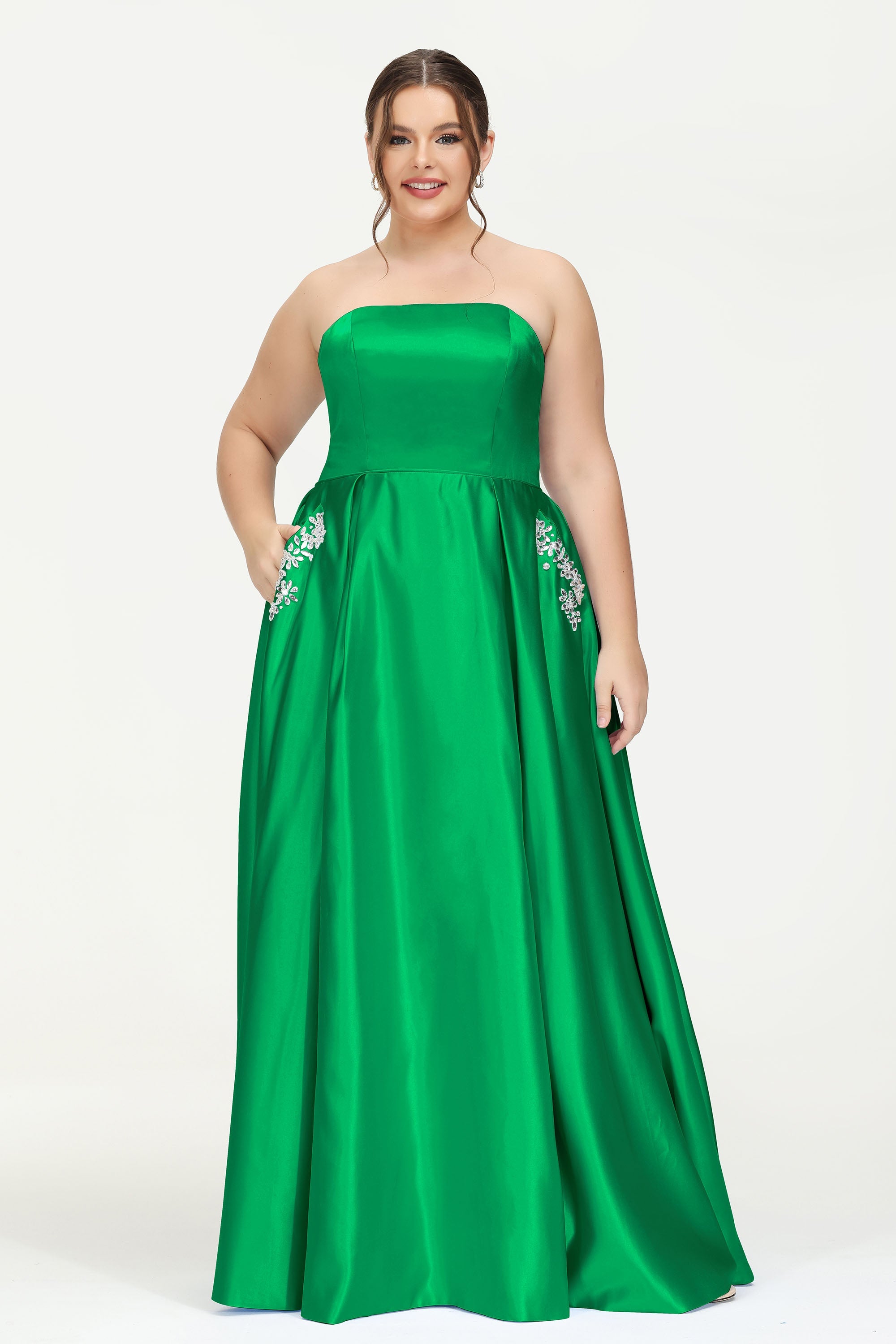 Strapless Satin A Line Princess Dress Rhinestone Ruched Formal Evening Prom Party Dresses