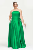 Strapless Satin A Line Princess Dress Rhinestone Ruched Formal Evening Prom Party Dresses