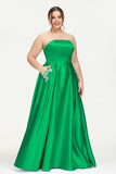 Strapless Satin A Line Princess Dress Rhinestone Ruched Formal Evening Prom Party Dresses
