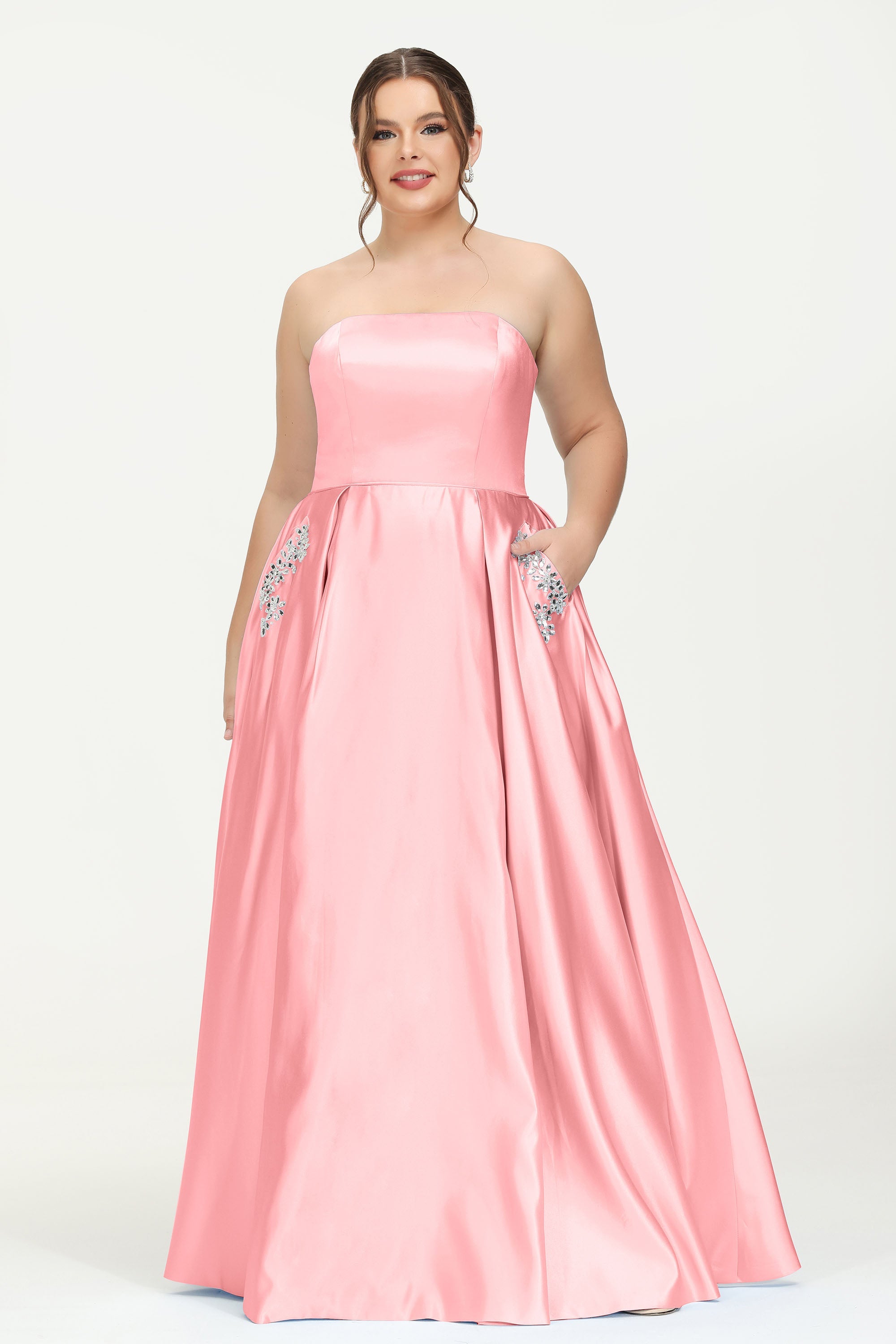 Strapless Satin A Line Princess Dress Rhinestone Ruched Formal Evening Prom Party Dresses