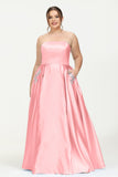 Strapless Satin A Line Princess Dress Rhinestone Ruched Formal Evening Prom Party Dresses