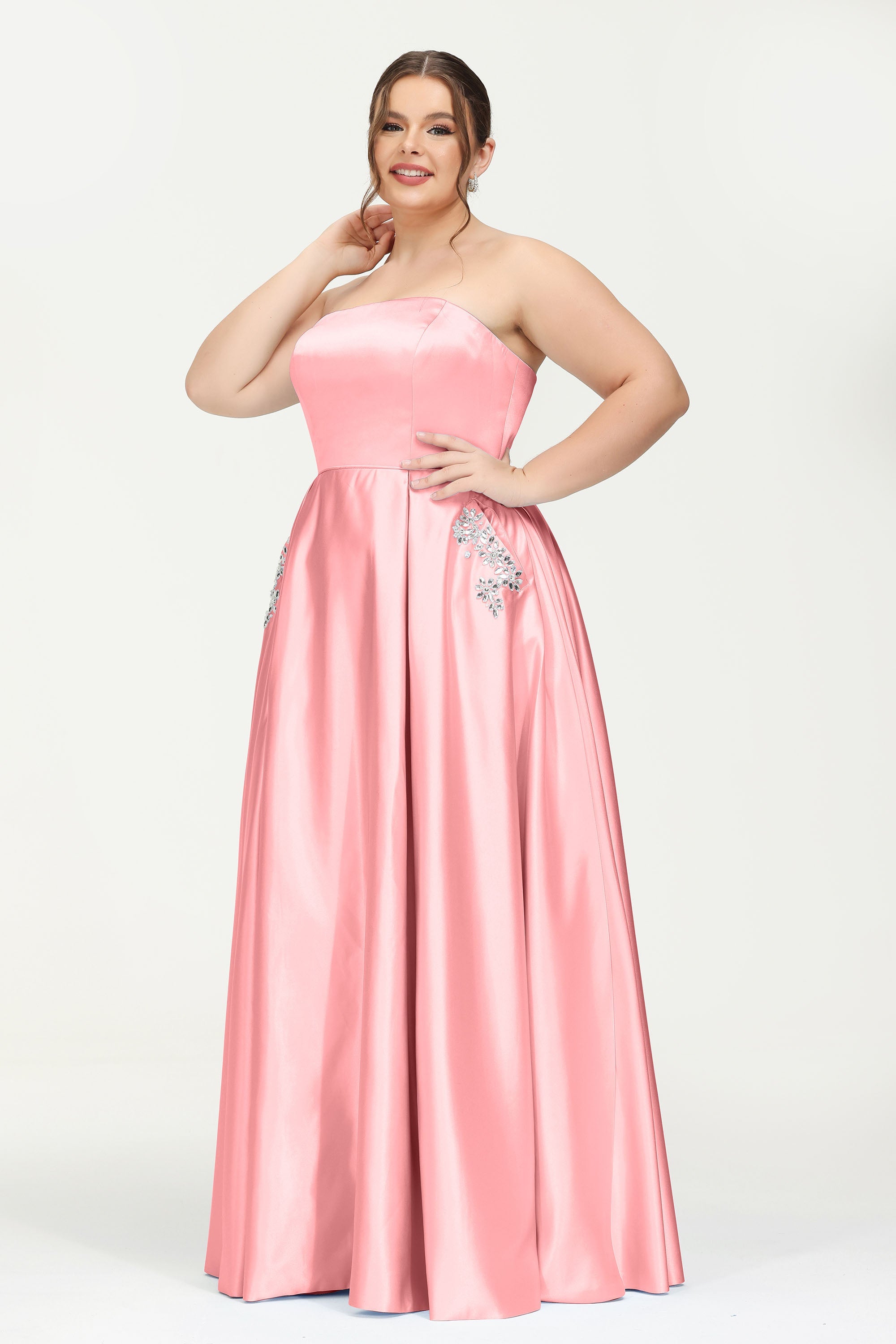 Strapless Satin A Line Princess Dress Rhinestone Ruched Formal Evening Prom Party Dresses