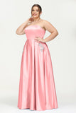 Strapless Satin A Line Princess Dress Rhinestone Ruched Formal Evening Prom Party Dresses