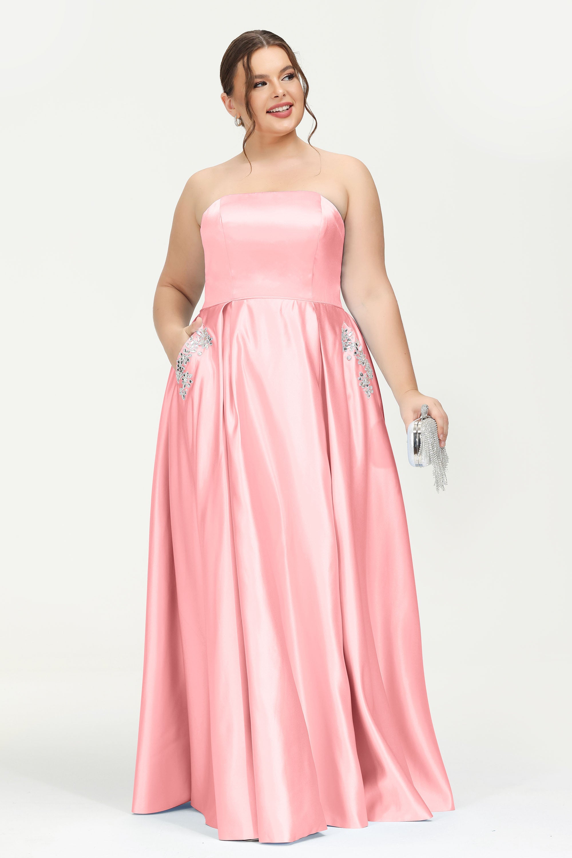 Strapless Satin A Line Princess Dress Rhinestone Ruched Formal Evening Prom Party Dresses