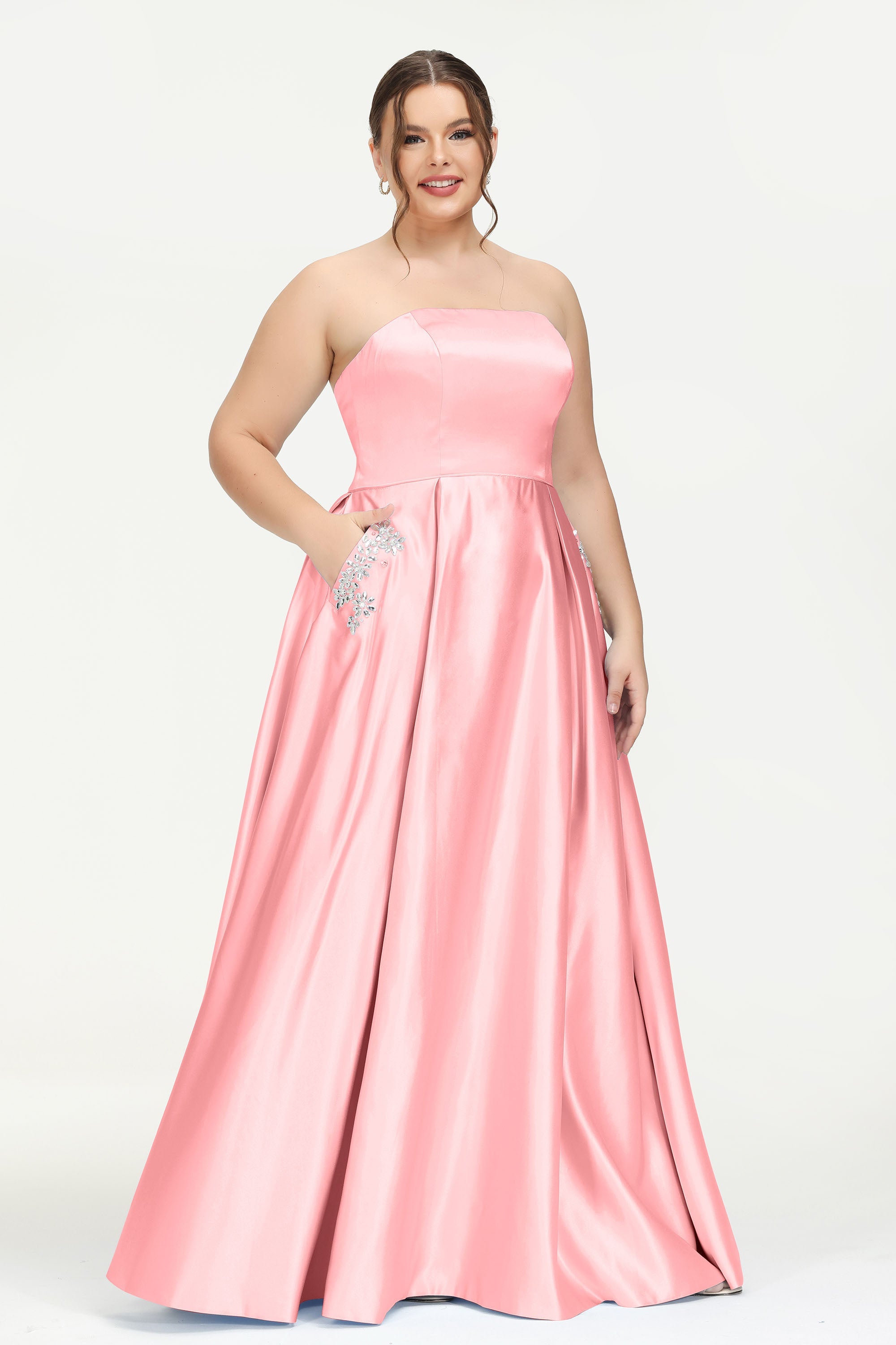 Strapless Satin A Line Princess Dress Rhinestone Ruched Formal Evening Prom Party Dresses