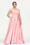 Strapless Satin A Line Princess Dress Rhinestone Ruched Formal Evening Prom Party Dresses