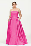 Strapless Satin A Line Princess Dress Rhinestone Ruched Formal Evening Prom Party Dresses