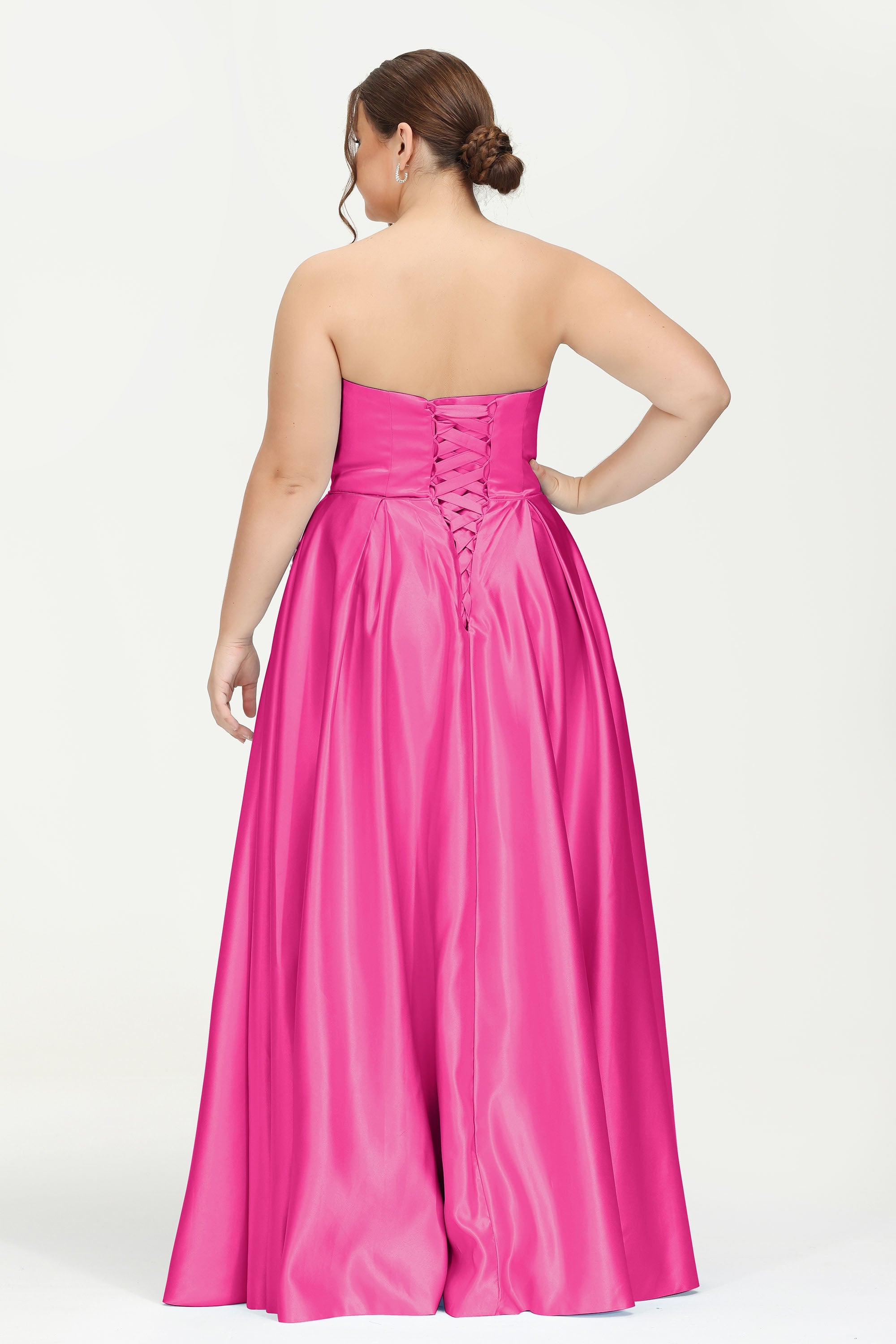 Strapless Satin A Line Princess Dress Rhinestone Ruched Formal Evening Prom Party Dresses