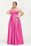 Strapless Satin A Line Princess Dress Rhinestone Ruched Formal Evening Prom Party Dresses