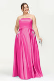 Strapless Satin A Line Princess Dress Rhinestone Ruched Formal Evening Prom Party Dresses