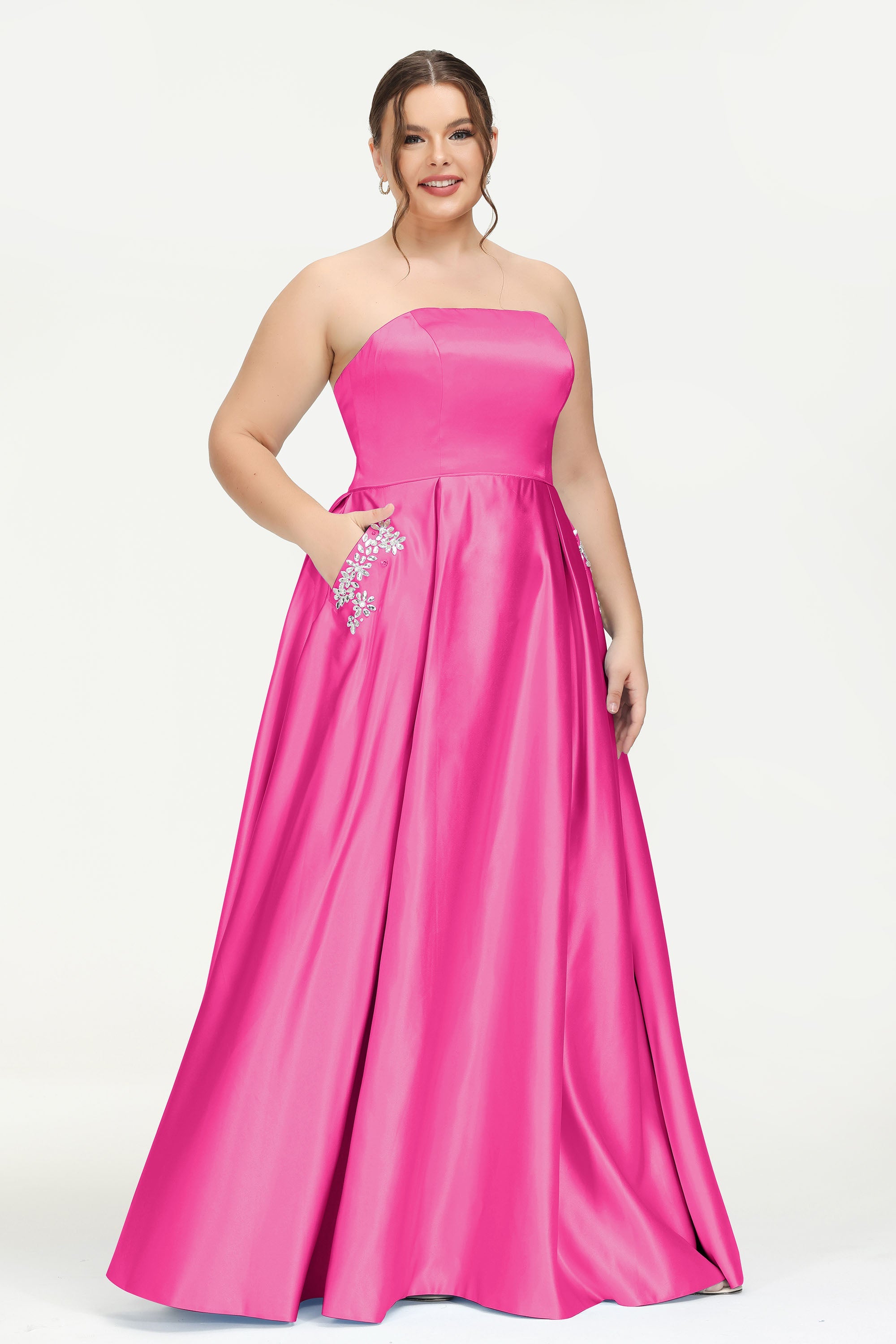 Strapless Satin A Line Princess Dress Rhinestone Ruched Formal Evening Prom Party Dresses