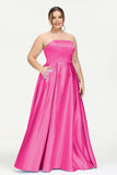 Strapless Satin A Line Princess Dress Rhinestone Ruched Formal Evening Prom Party Dresses