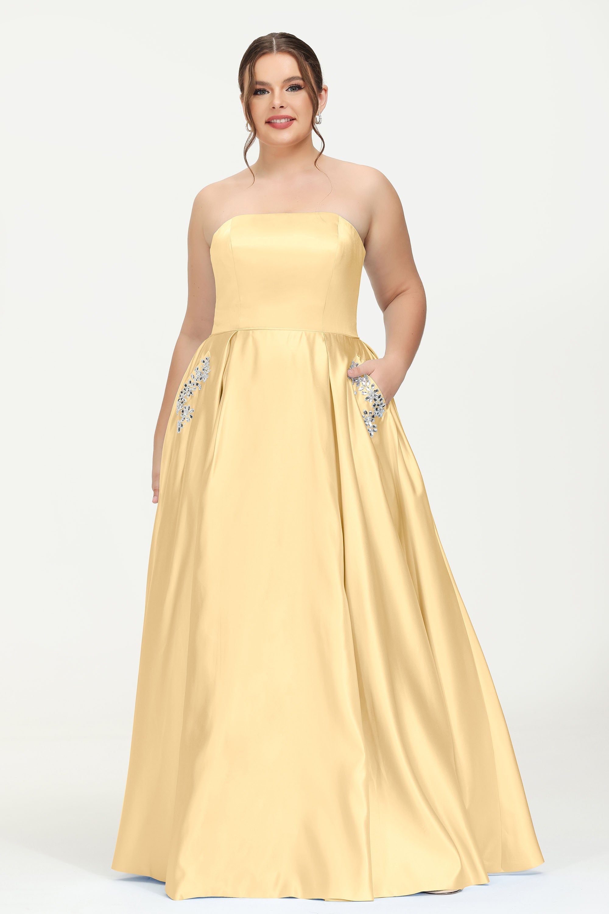 Strapless Satin A Line Princess Dress Rhinestone Ruched Formal Evening Prom Party Dresses