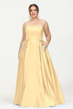 Strapless Satin A Line Princess Dress Rhinestone Ruched Formal Evening Prom Party Dresses