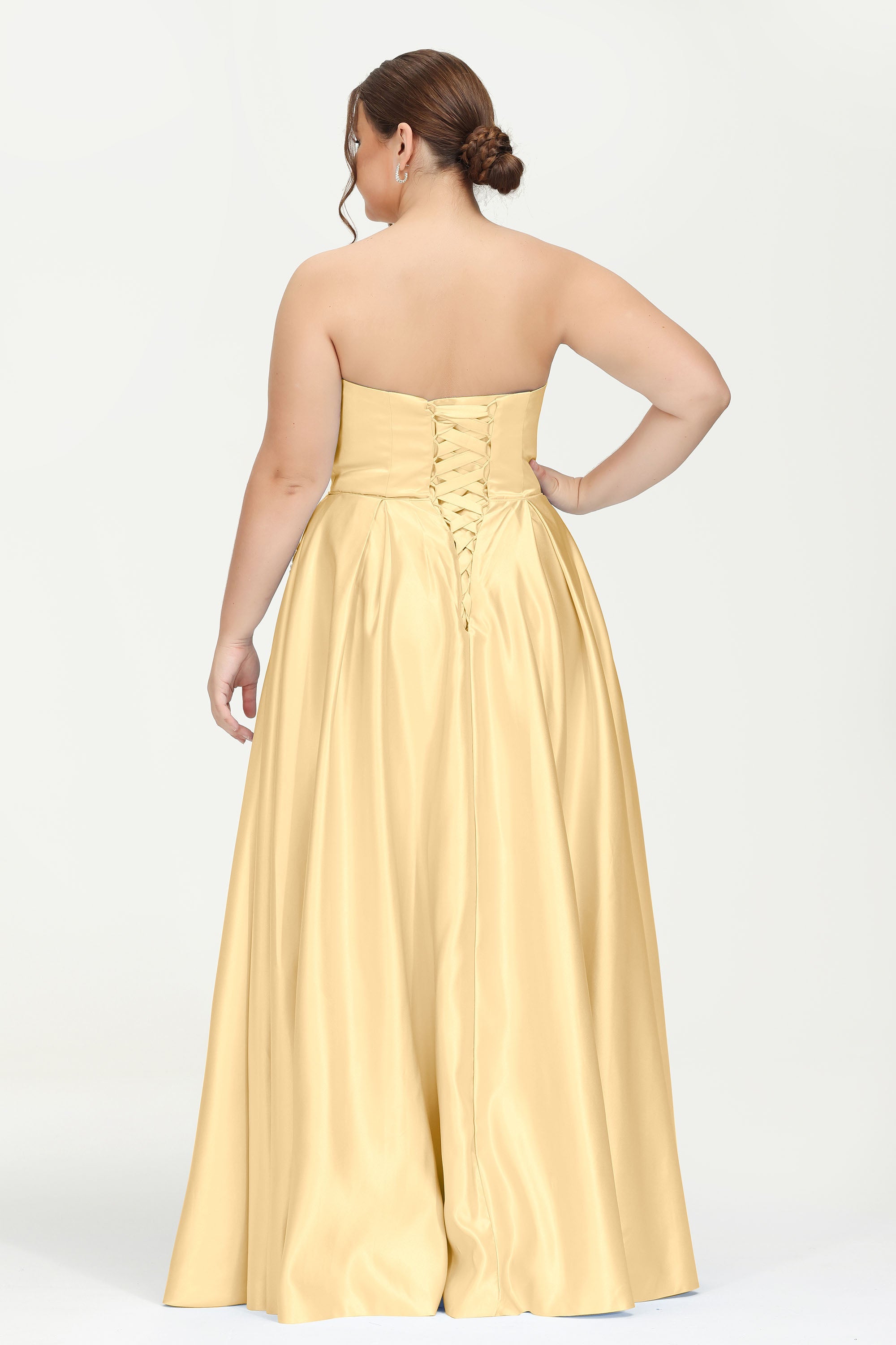 Strapless Satin A Line Princess Dress Rhinestone Ruched Formal Evening Prom Party Dresses