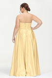 Strapless Satin A Line Princess Dress Rhinestone Ruched Formal Evening Prom Party Dresses