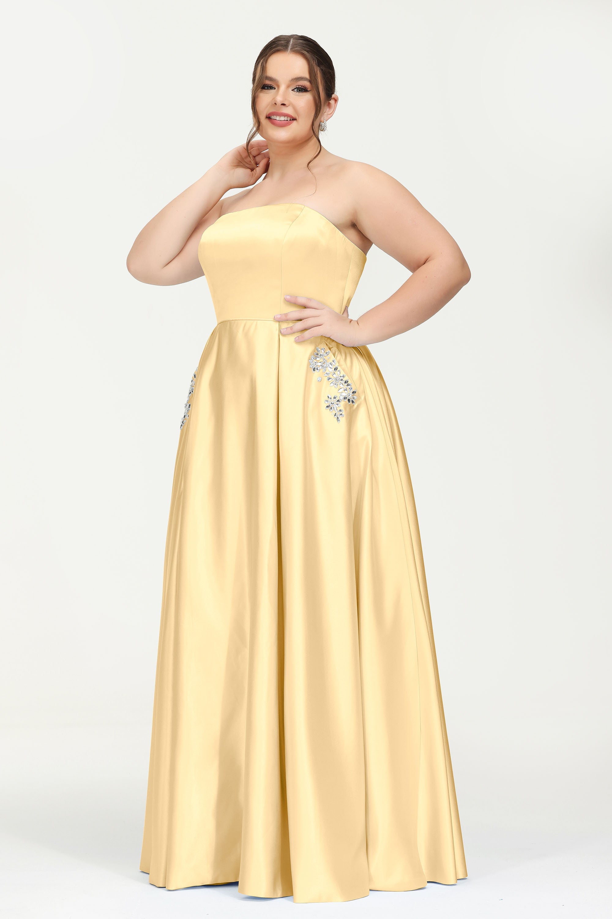 Strapless Satin A Line Princess Dress Rhinestone Ruched Formal Evening Prom Party Dresses