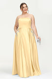 Strapless Satin A Line Princess Dress Rhinestone Ruched Formal Evening Prom Party Dresses