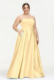 Strapless Satin A Line Princess Dress Rhinestone Ruched Formal Evening Prom Party Dresses