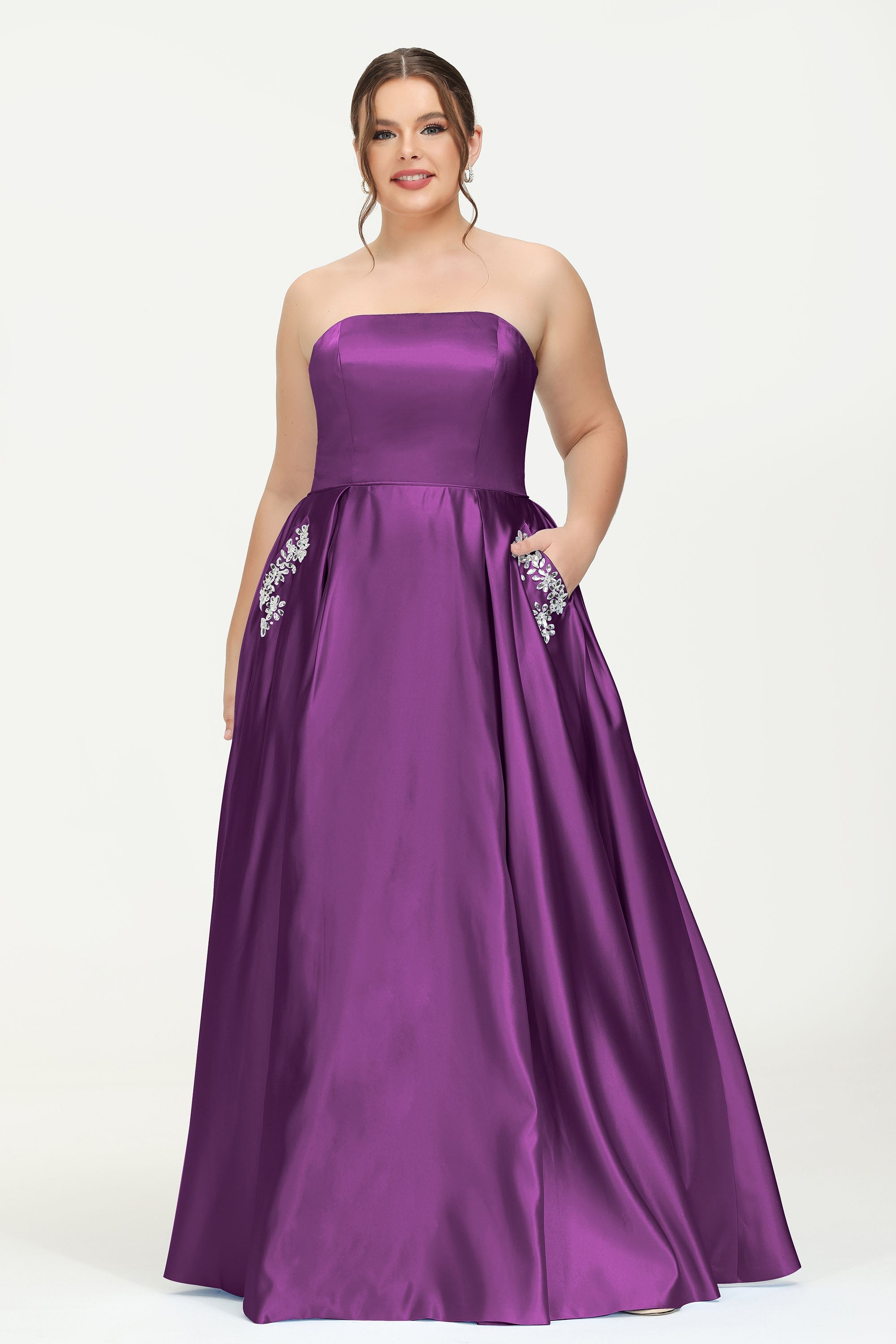 Strapless Satin A Line Princess Dress Rhinestone Ruched Formal Evening Prom Party Dresses