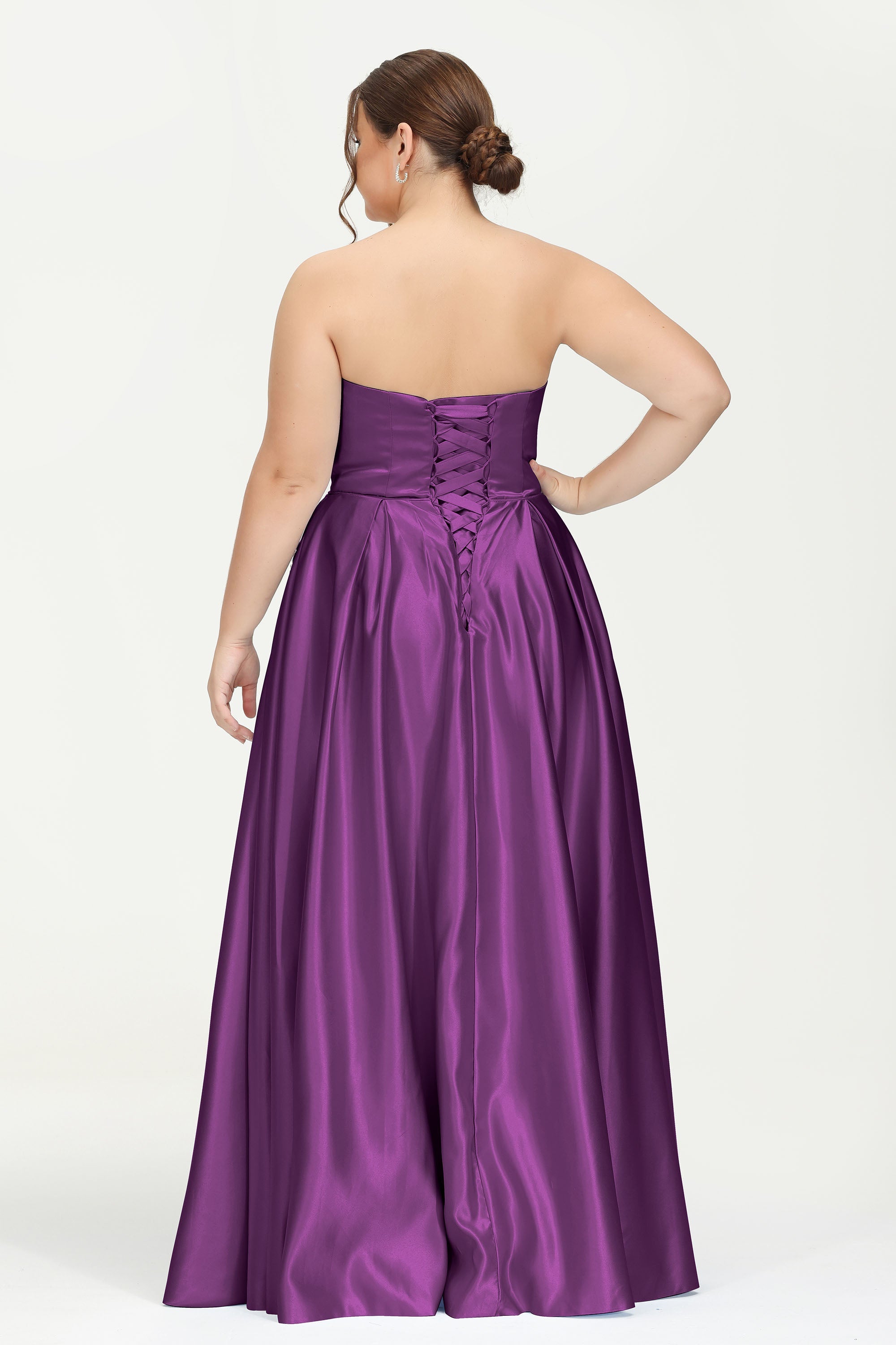 Strapless Satin A Line Princess Dress Rhinestone Ruched Formal Evening Prom Party Dresses