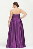 Strapless Satin A Line Princess Dress Rhinestone Ruched Formal Evening Prom Party Dresses
