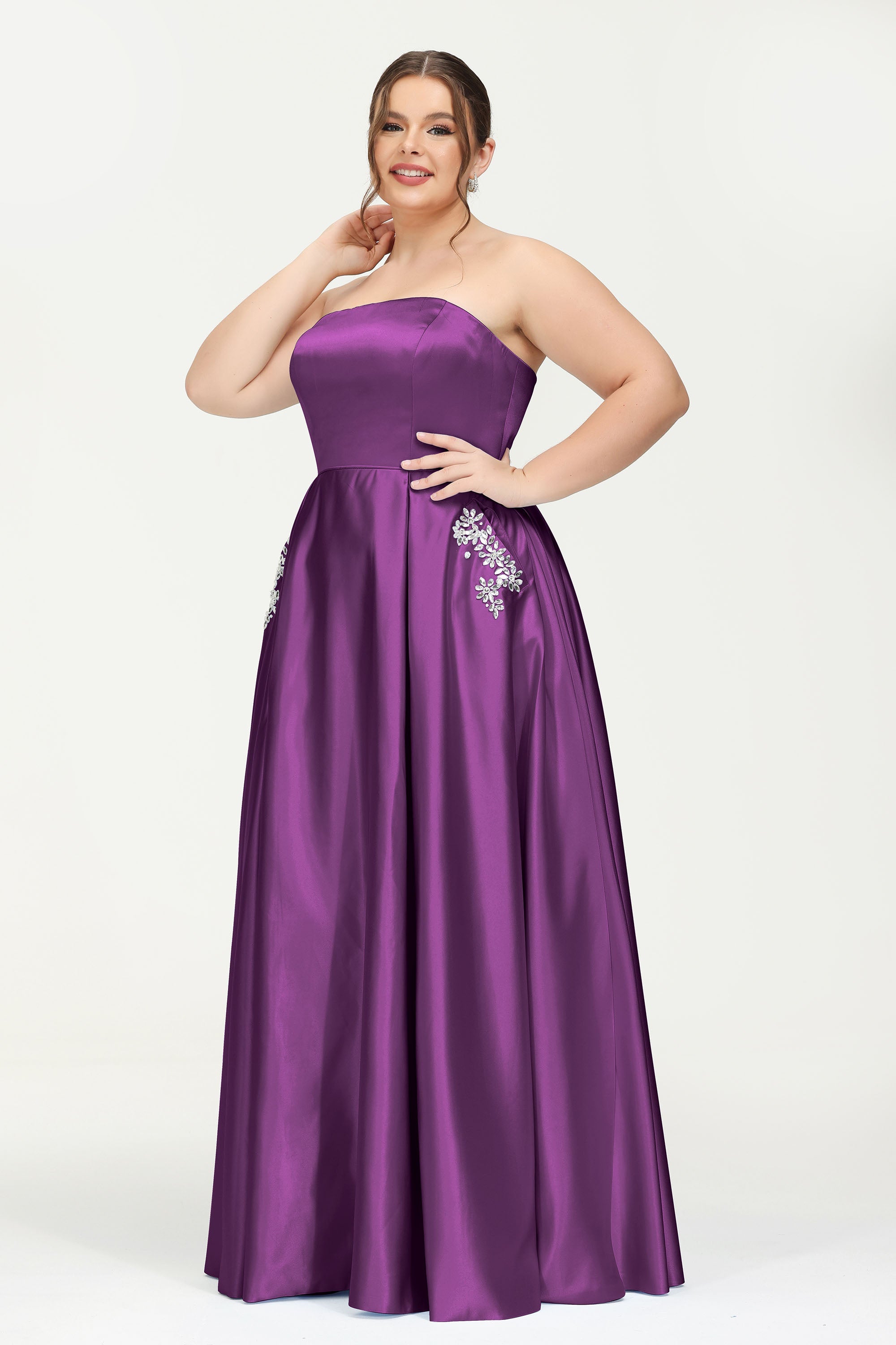 Strapless Satin A Line Princess Dress Rhinestone Ruched Formal Evening Prom Party Dresses
