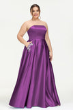 Strapless Satin A Line Princess Dress Rhinestone Ruched Formal Evening Prom Party Dresses