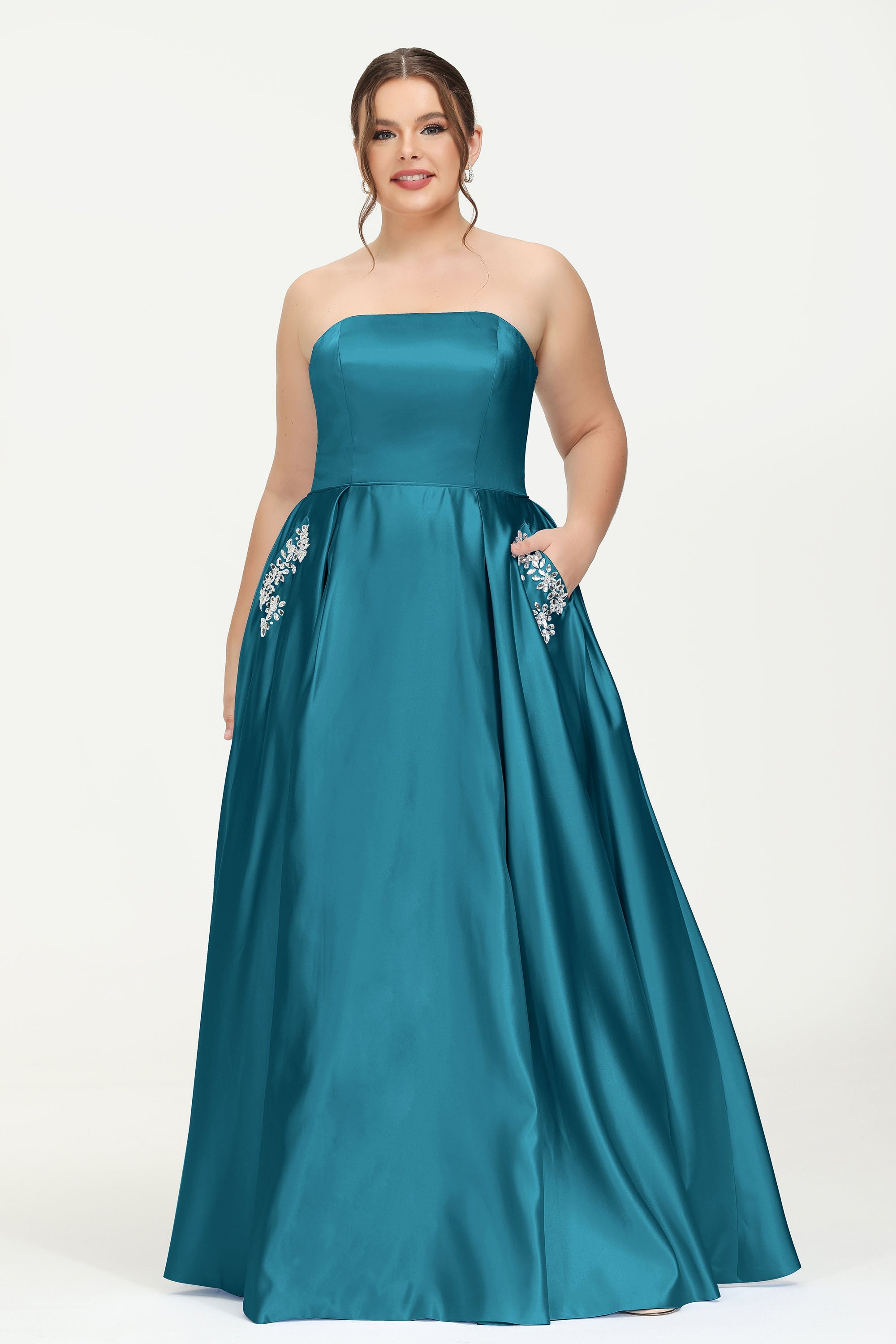 Strapless Satin A Line Princess Dress Rhinestone Ruched Formal Evening Prom Party Dresses