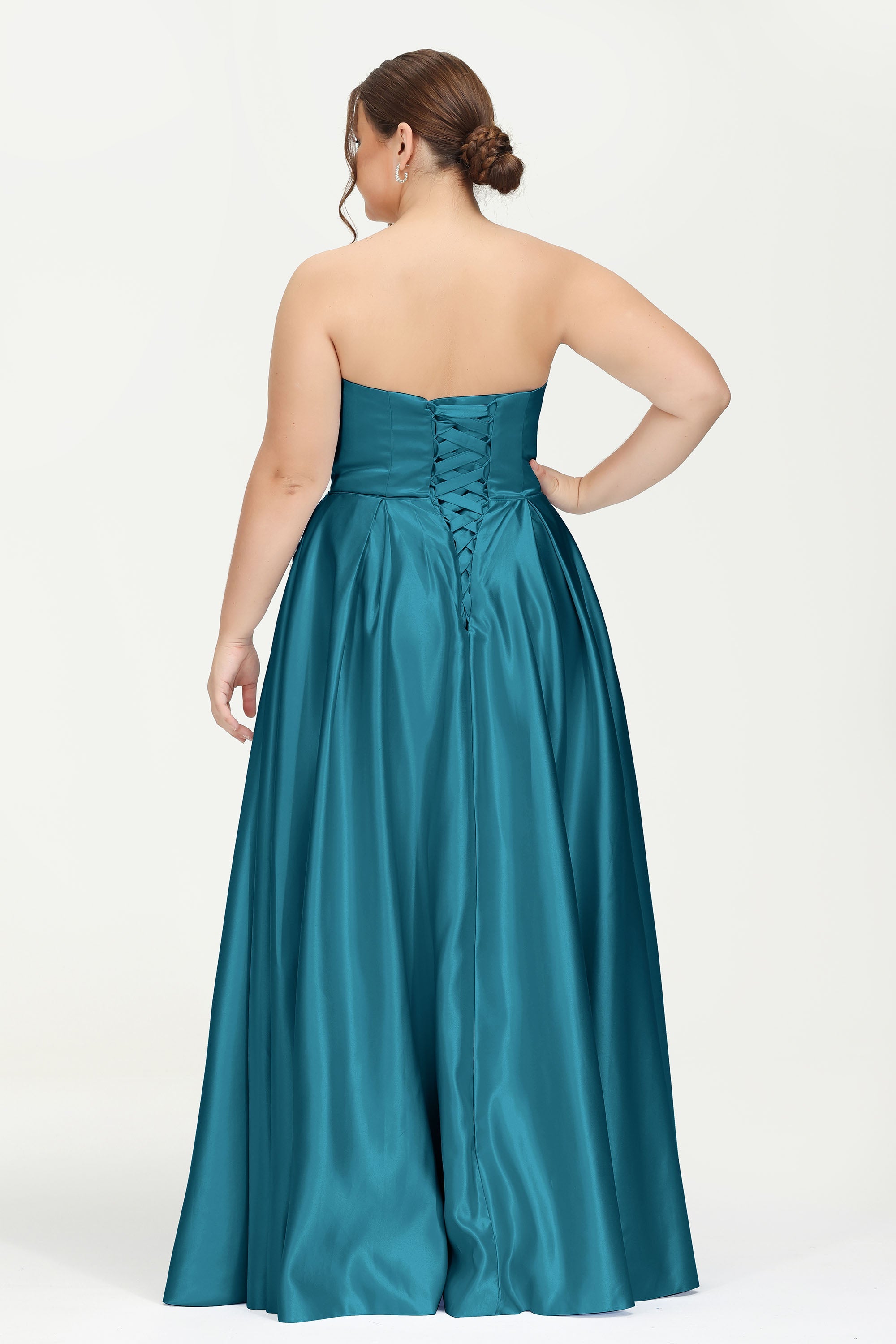 Strapless Satin A Line Princess Dress Rhinestone Ruched Formal Evening Prom Party Dresses