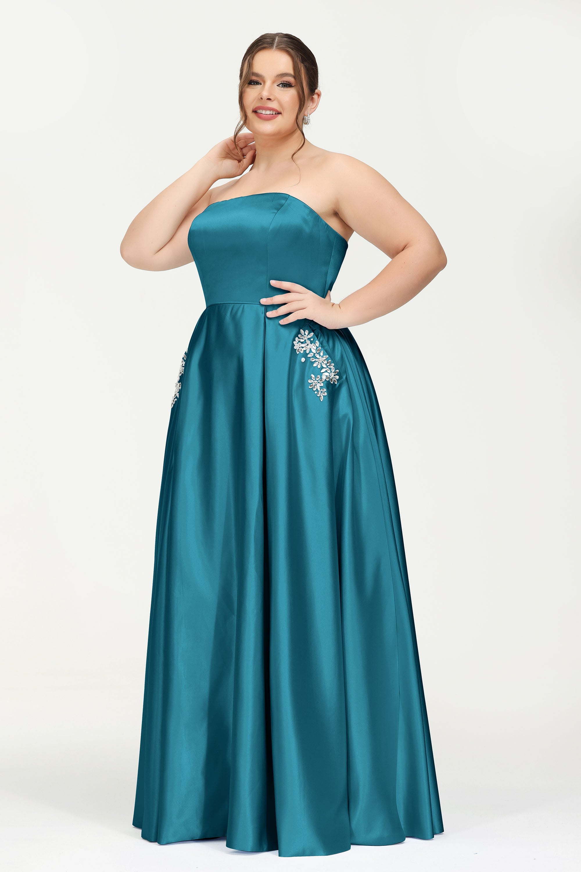 Strapless Satin A Line Princess Dress Rhinestone Ruched Formal Evening Prom Party Dresses