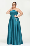 Strapless Satin A Line Princess Dress Rhinestone Ruched Formal Evening Prom Party Dresses