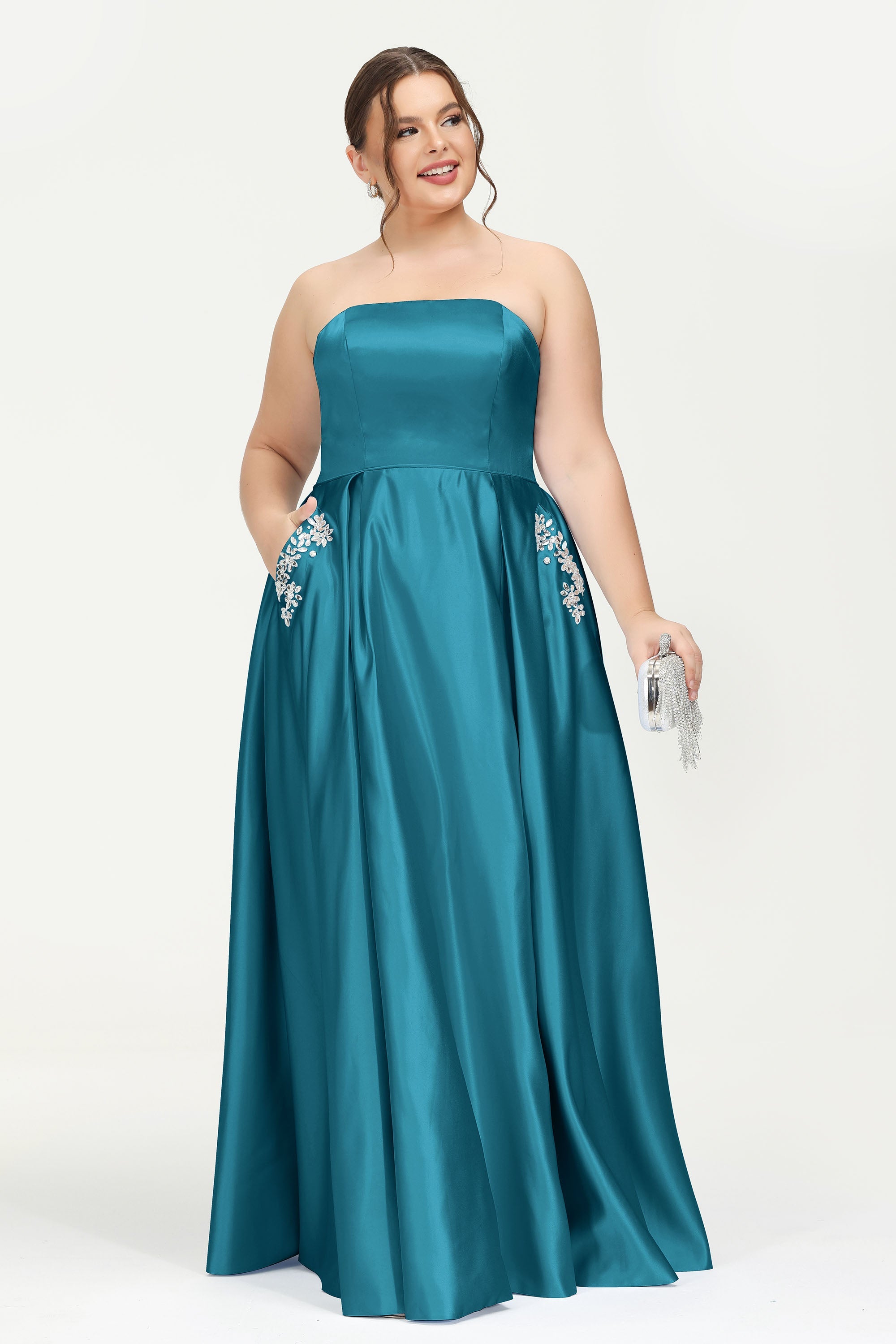 Strapless Satin A Line Princess Dress Rhinestone Ruched Formal Evening Prom Party Dresses