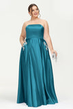 Strapless Satin A Line Princess Dress Rhinestone Ruched Formal Evening Prom Party Dresses