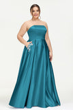 Strapless Satin A Line Princess Dress Rhinestone Ruched Formal Evening Prom Party Dresses