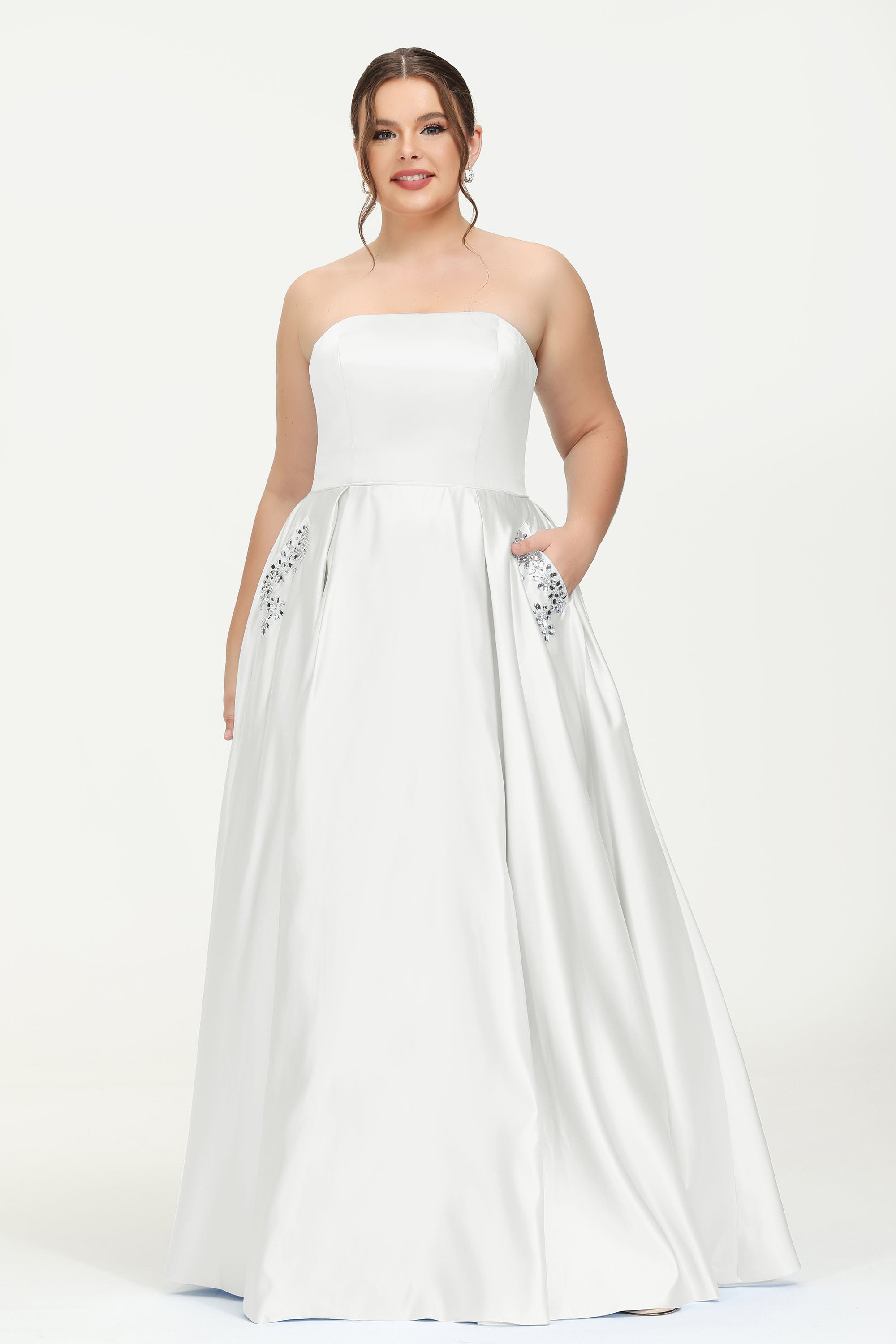 Strapless Satin A Line Princess Dress Rhinestone Ruched Formal Evening Prom Party Dresses