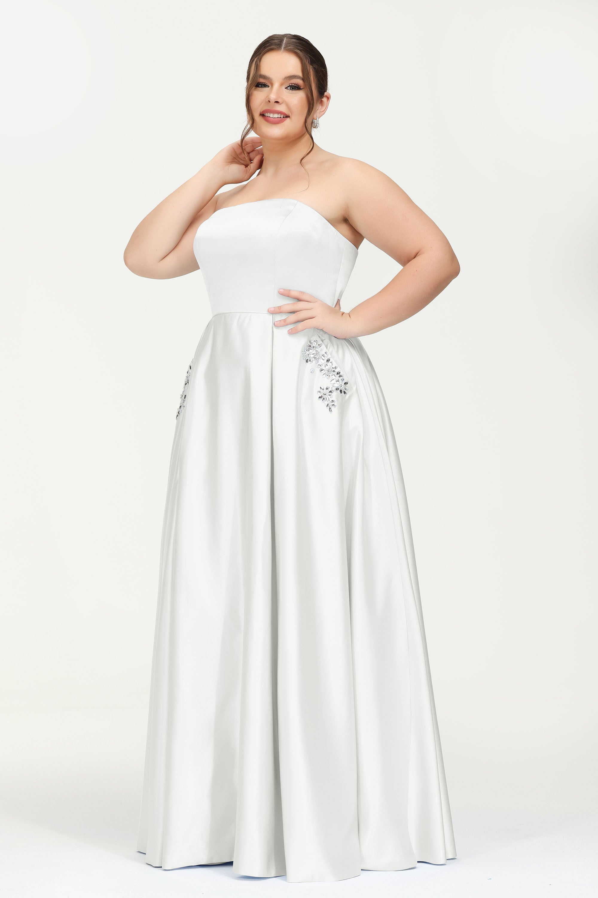 Strapless Satin A Line Princess Dress Rhinestone Ruched Formal Evening Prom Party Dresses