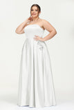 Strapless Satin A Line Princess Dress Rhinestone Ruched Formal Evening Prom Party Dresses