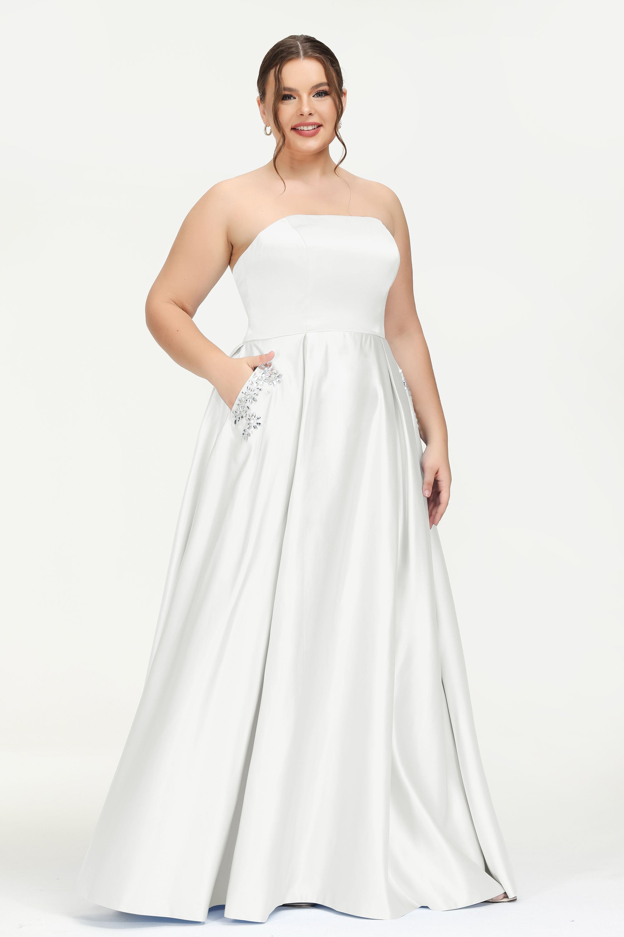Strapless Satin A Line Princess Dress Rhinestone Ruched Formal Evening Prom Party Dresses