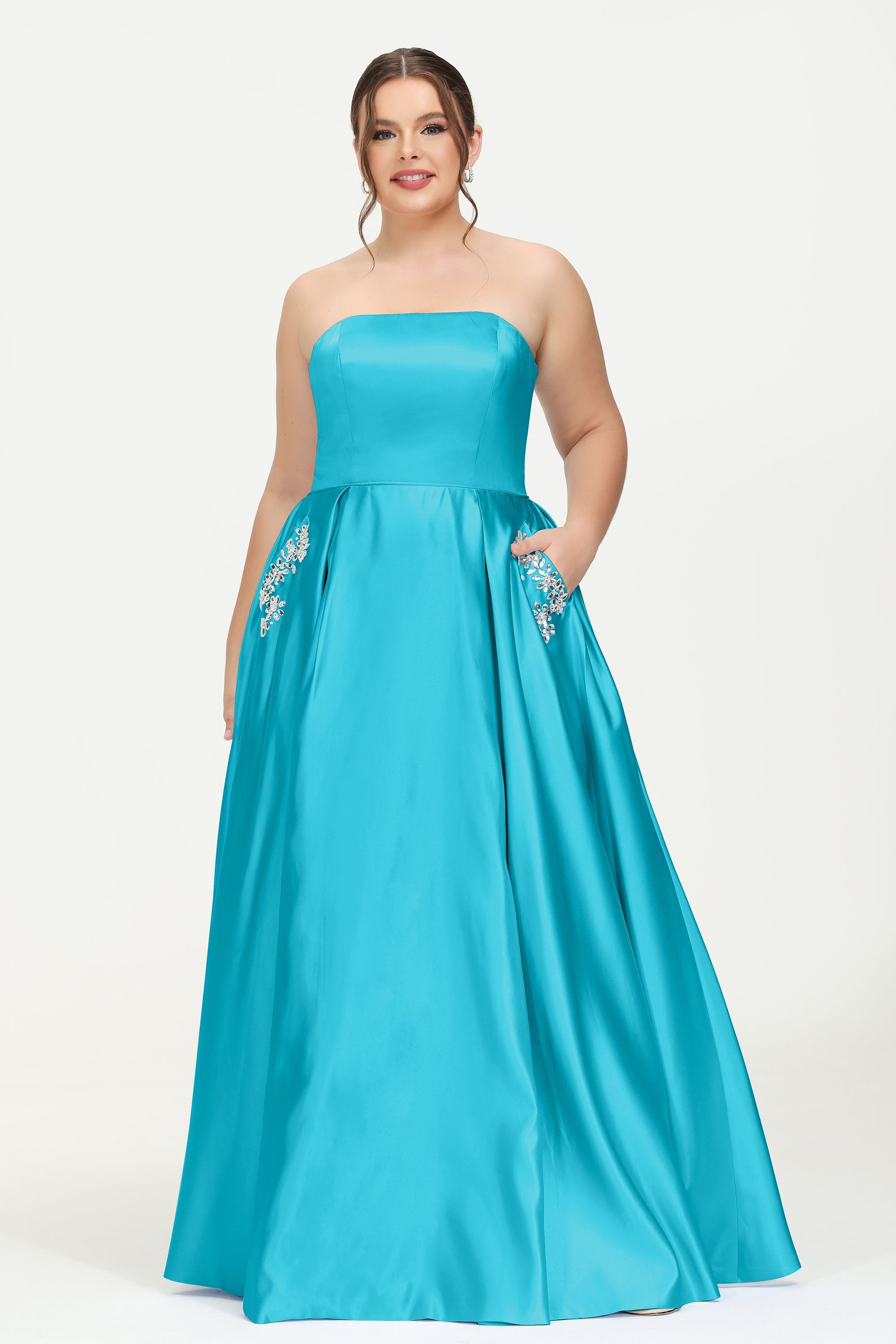 Strapless Satin A Line Princess Dress Rhinestone Ruched Formal Evening Prom Party Dresses