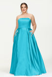 Strapless Satin A Line Princess Dress Rhinestone Ruched Formal Evening Prom Party Dresses