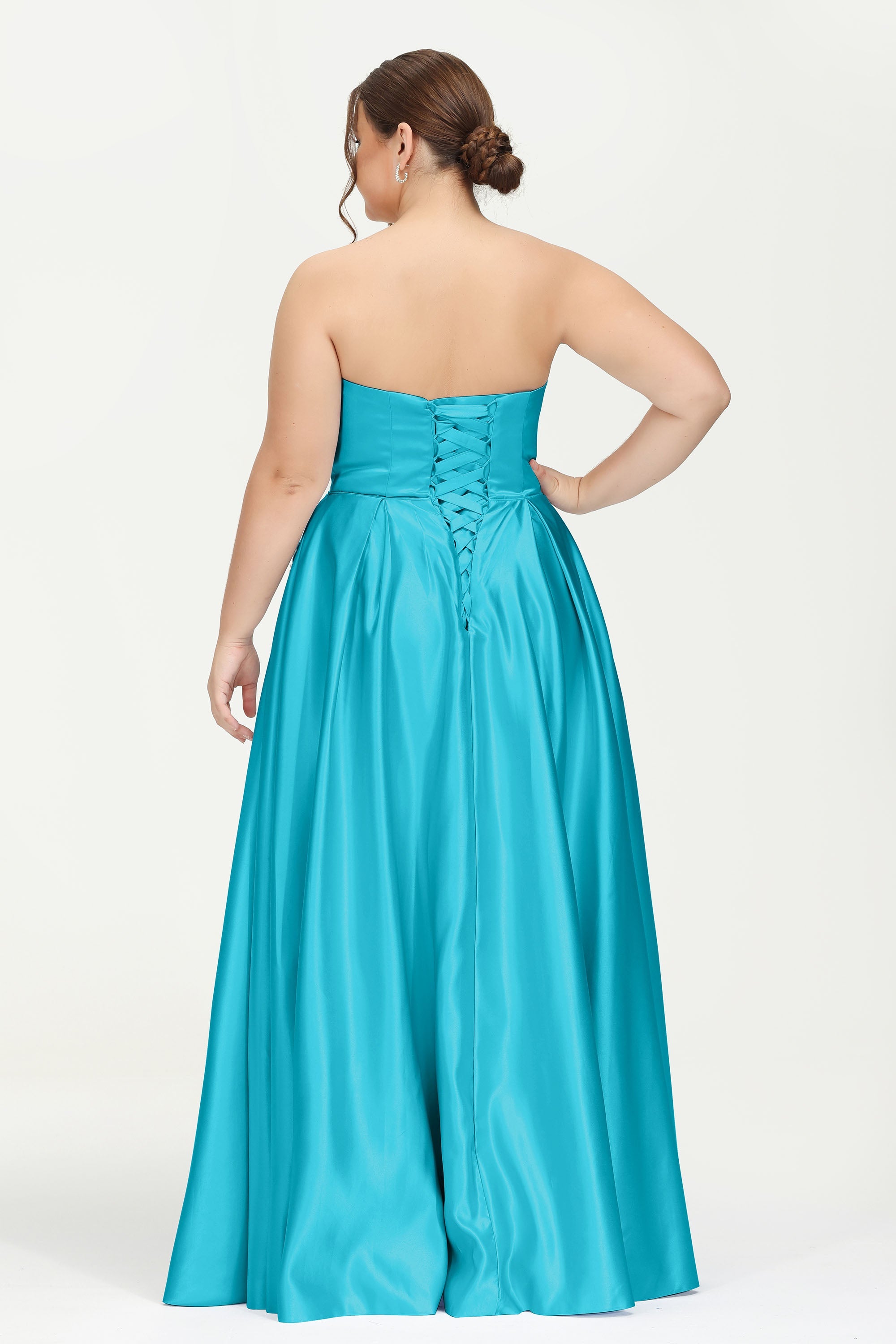 Strapless Satin A Line Princess Dress Rhinestone Ruched Formal Evening Prom Party Dresses