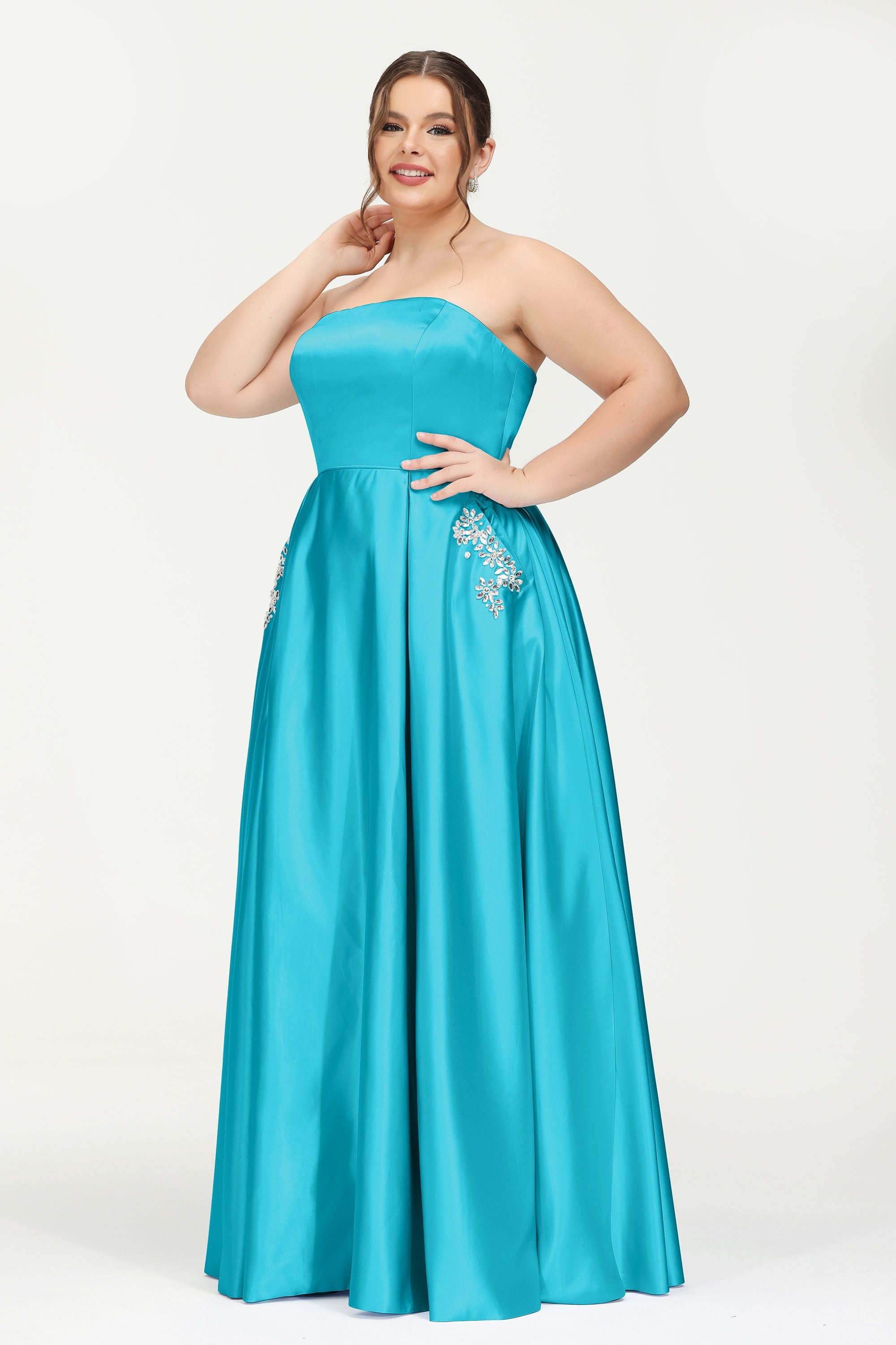 Strapless Satin A Line Princess Dress Rhinestone Ruched Formal Evening Prom Party Dresses