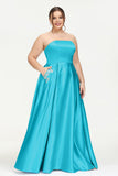 Strapless Satin A Line Princess Dress Rhinestone Ruched Formal Evening Prom Party Dresses