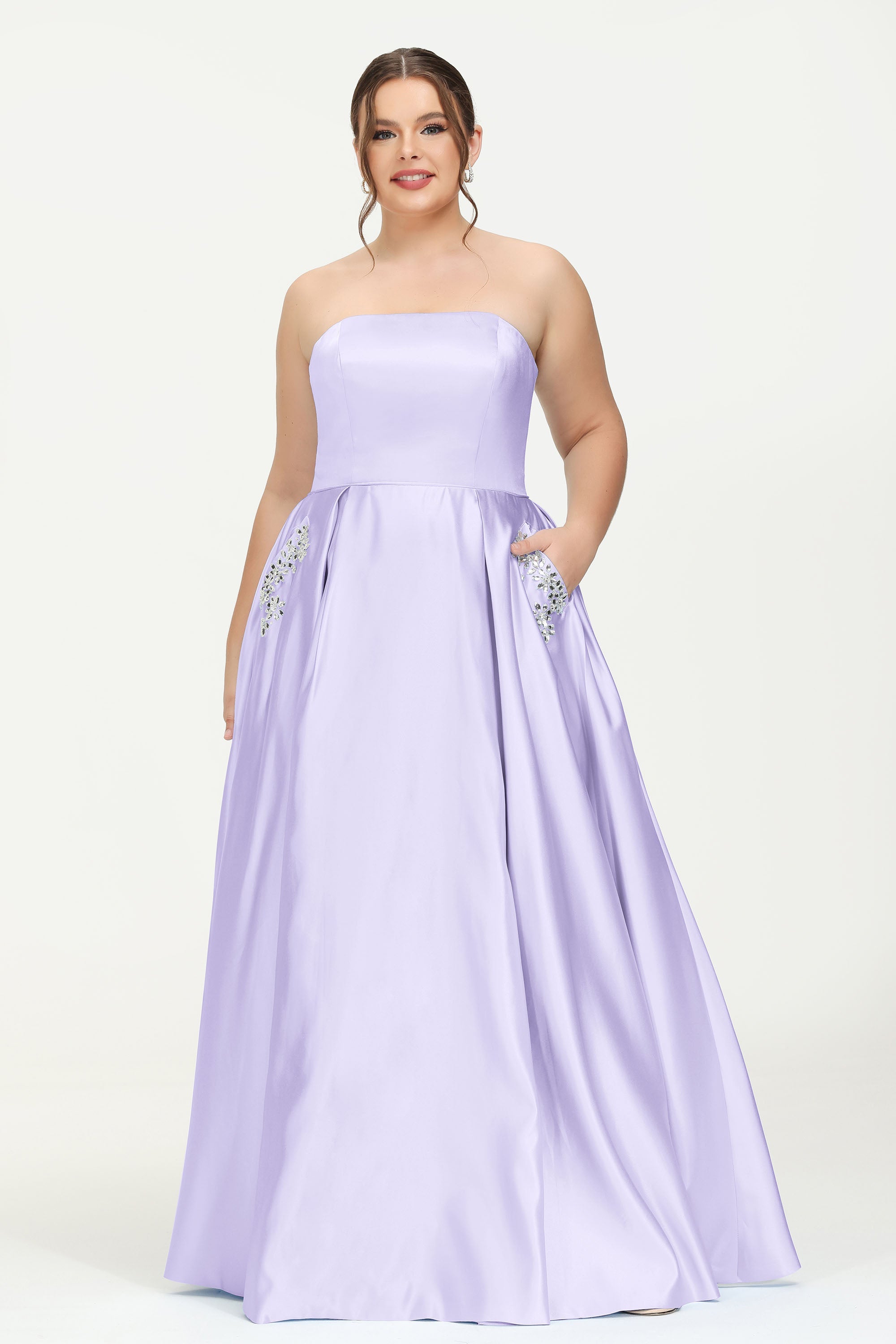 Strapless Satin A Line Princess Dress Rhinestone Ruched Formal Evening Prom Party Dresses