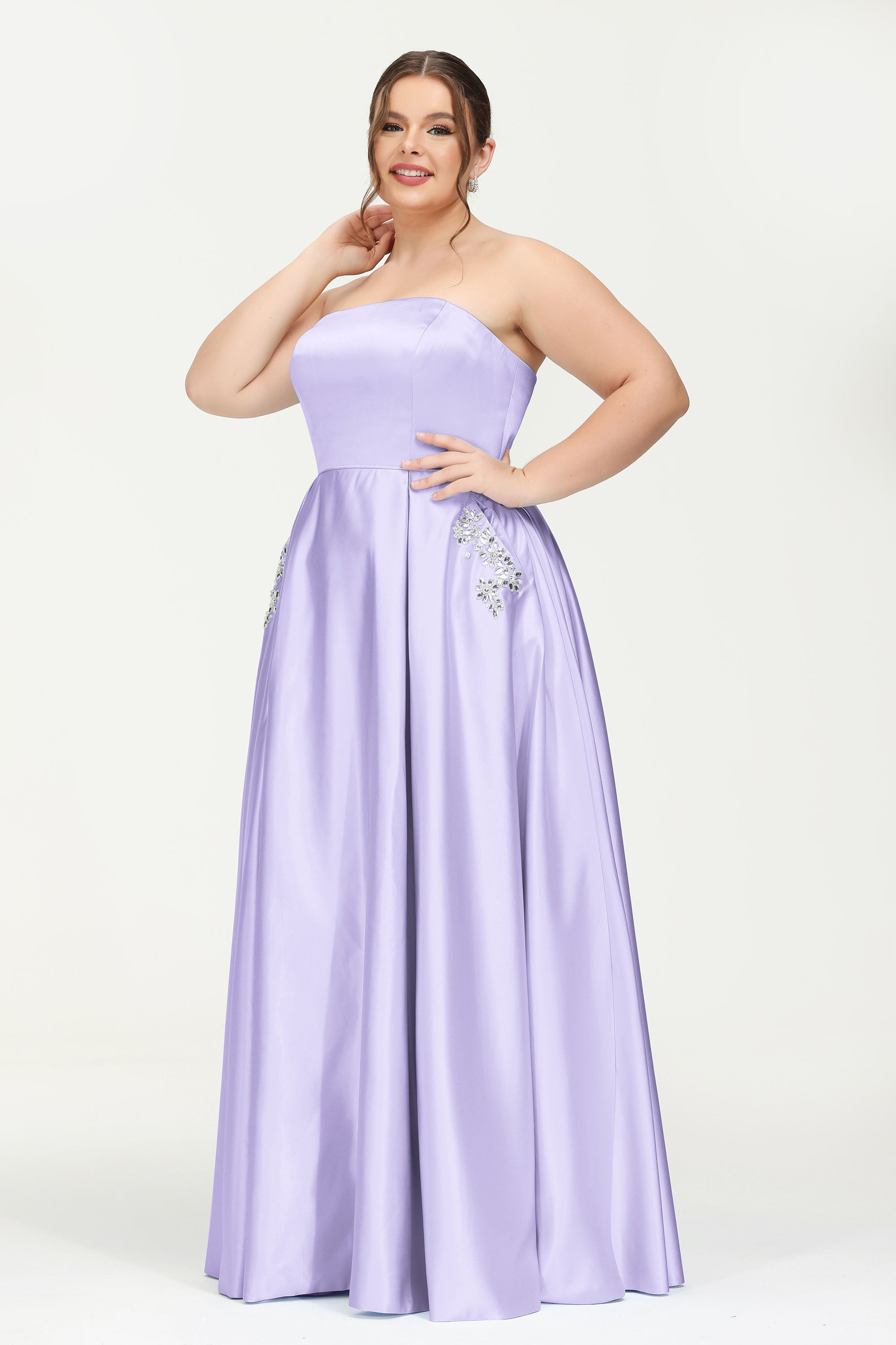 Strapless Satin A Line Princess Dress Rhinestone Ruched Formal Evening Prom Party Dresses
